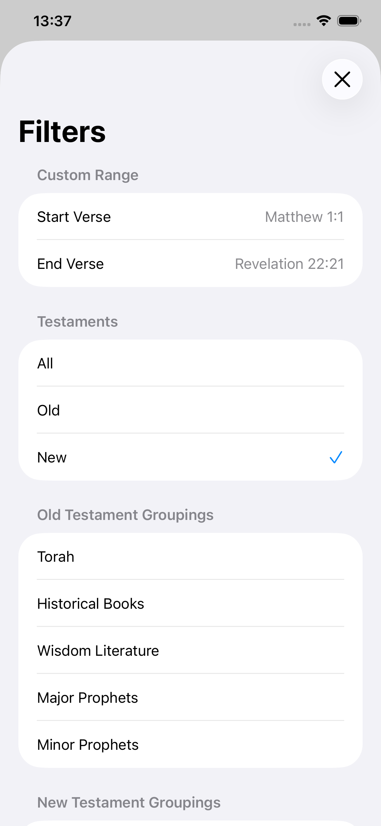 VerseWell filter panel showing testament and grouping options