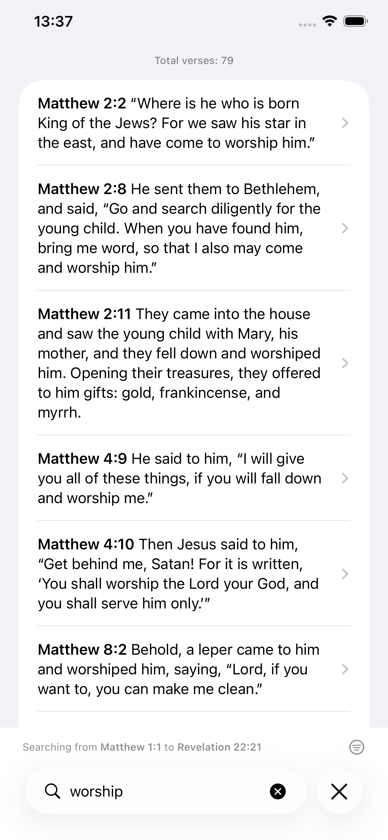 VerseWell filtered search results showing New Testament only