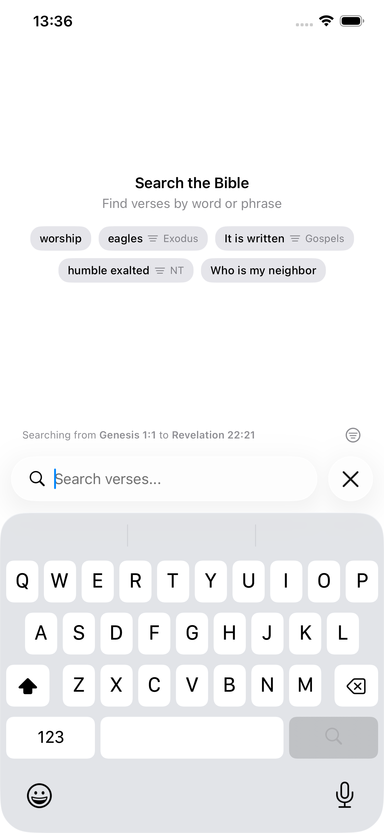 VerseWell search screen with suggested searches
