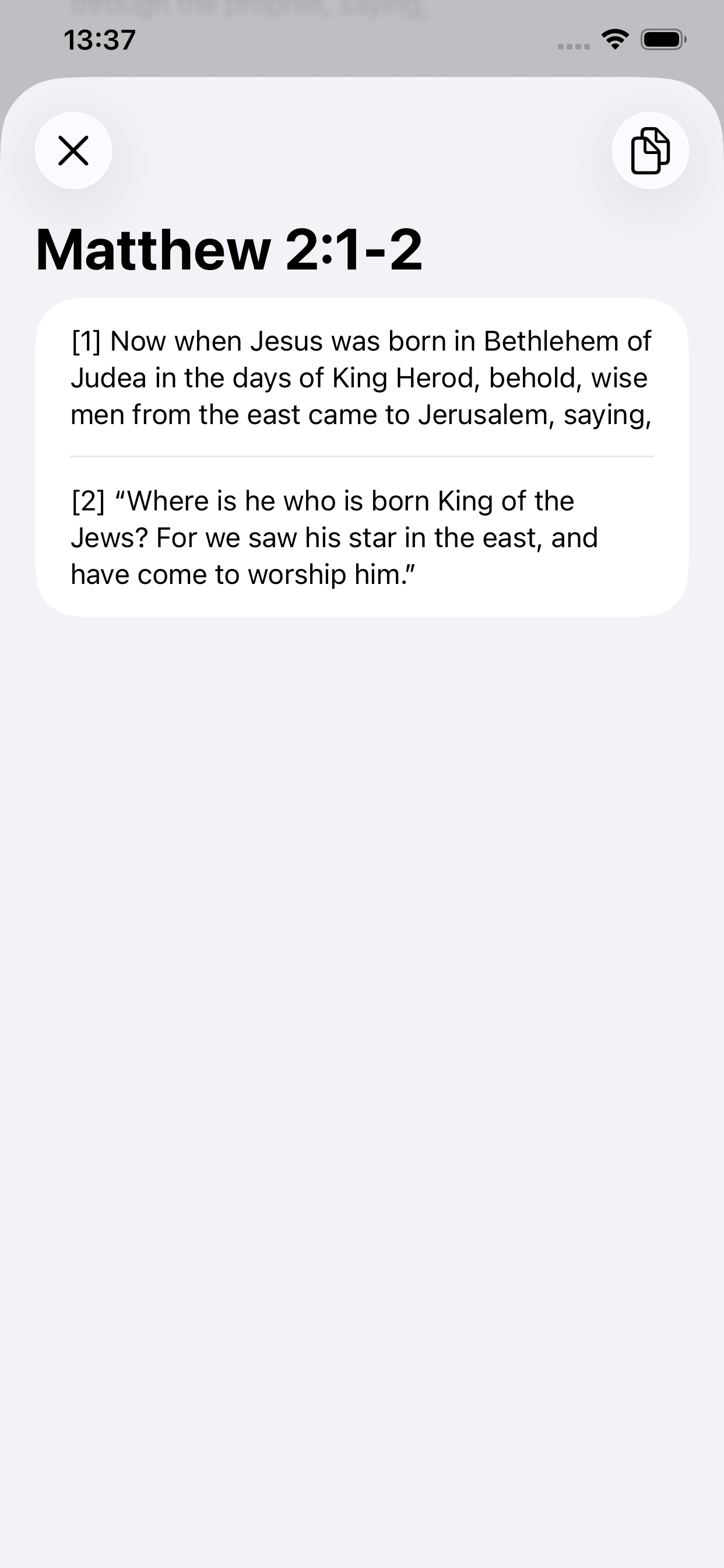 VerseWell focused card showing selected verses Matthew 2:1-2