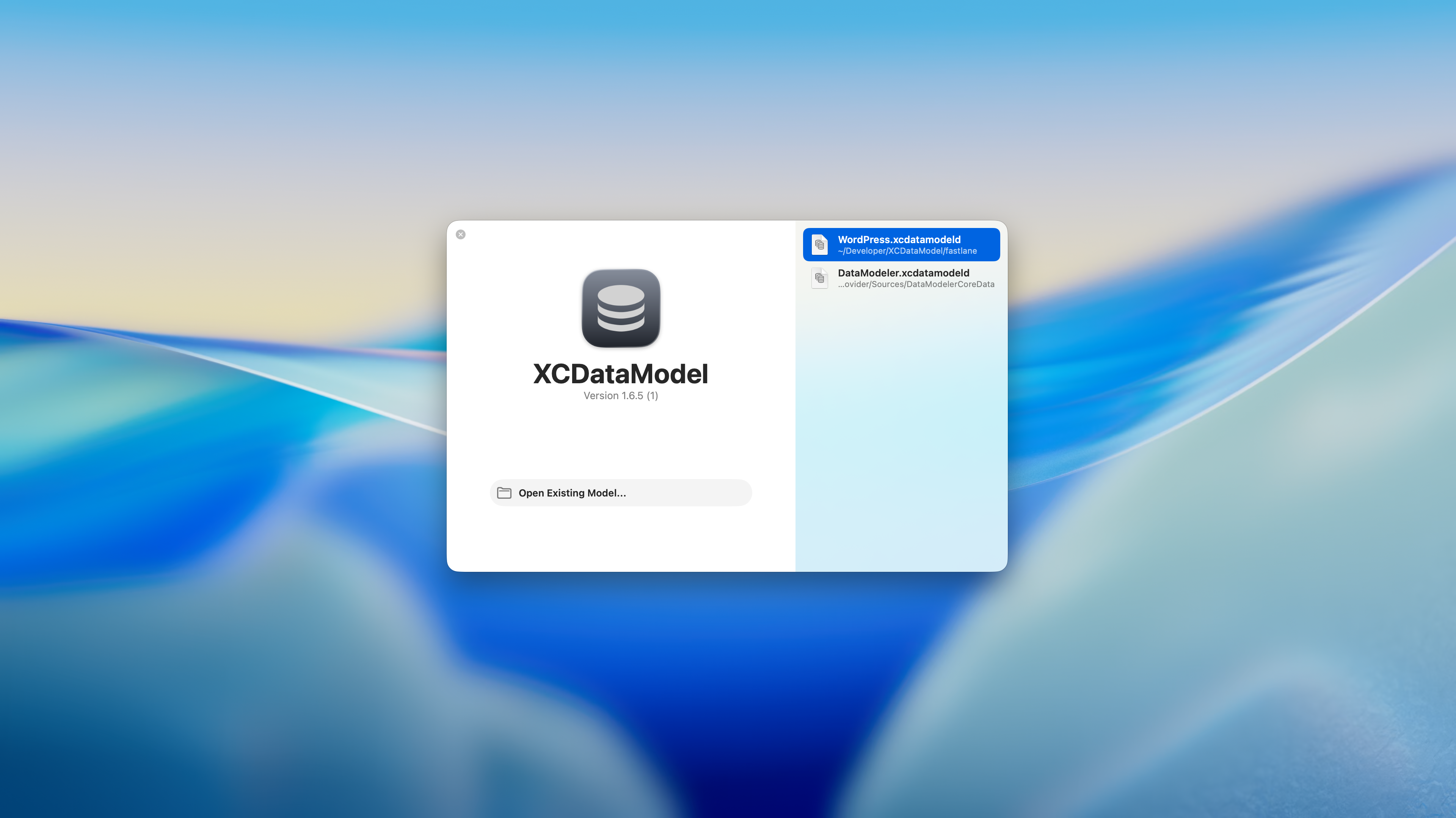 XCDataModel welcome screen with open dialog